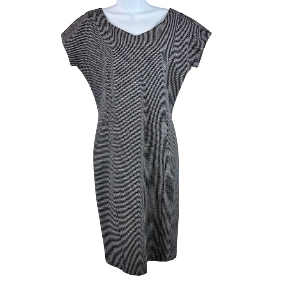 MaxMara Midi Sheath Dress Cap Sleeve Retro Black White Stretch V-Neck Size 10